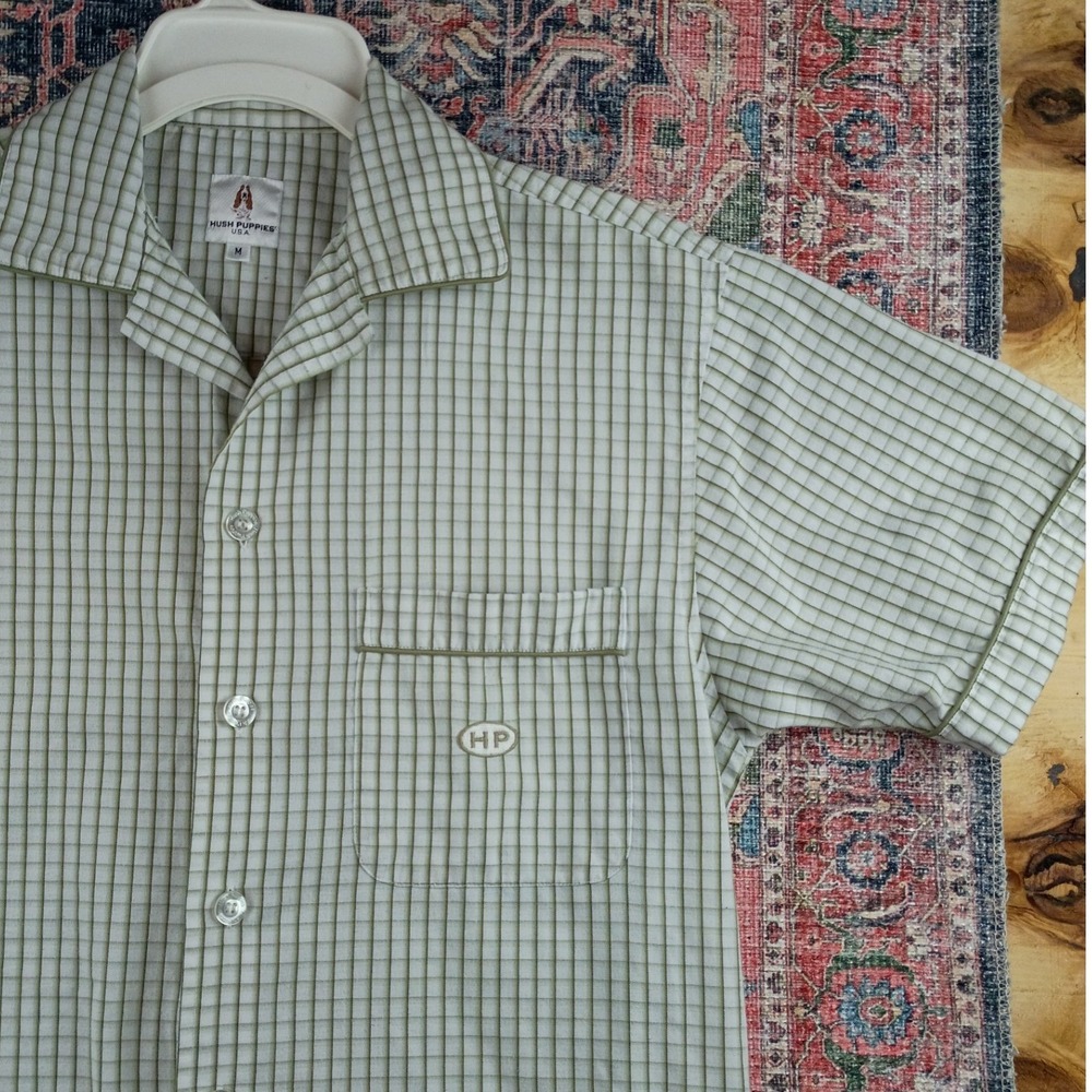 Hush‎ Puppies Pajama Shirt Mens Medium Green Vintage Plaid Loungewear Top